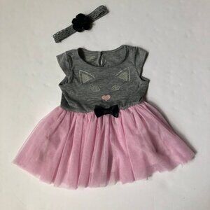Toughskin Pink and Gray Kitten Face Infant Girl Dress with Headband Size 12 M
